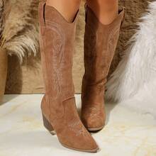 Fall/Winter Wite Fit Women's Retro Western Embroidered Low Heel Mid-Calf Cowboy Boots, Faux Suede Fashion Riding Boots Wide Fit - Khaki - View 2