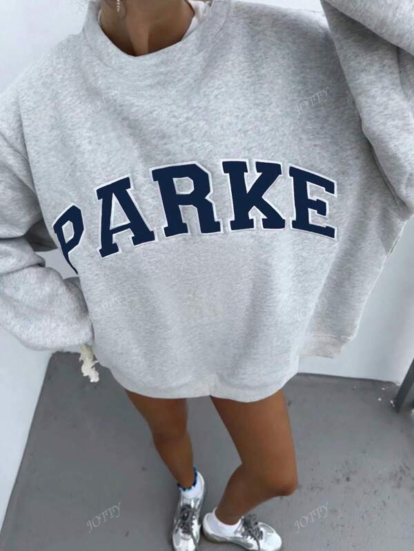 Women's Casual Letter Print Oversized Pullover Sweatshirt, Loose Fit Crew Neck Long Sleeve Hoodie, Fall Outfits For Airport, Back To School