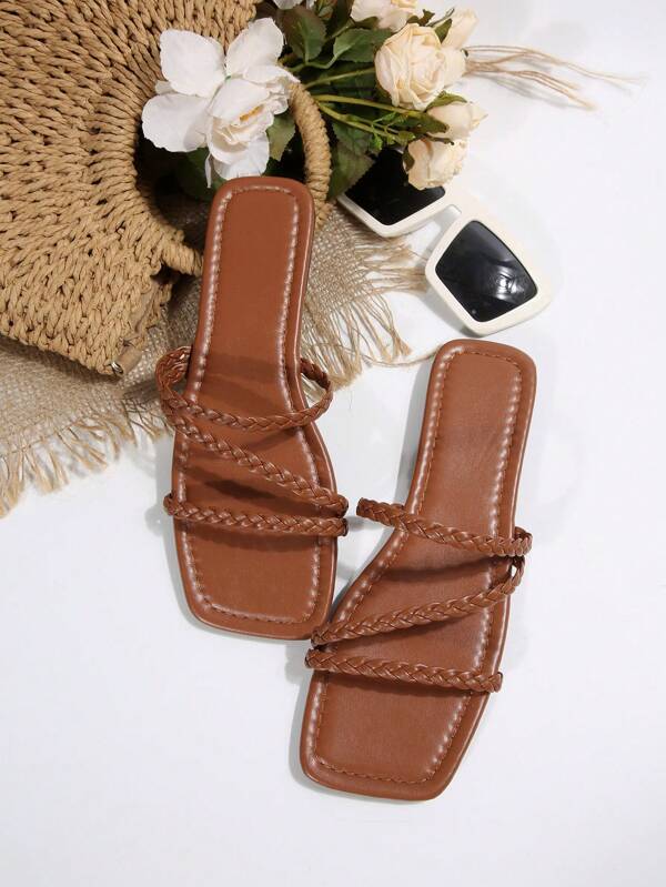 Women's Fashion Vacation Style Flat & Low Heel Woven Slide Sandals, Slip-On Design Suitable For Comfortable Outdoor Activities, Beach, Indoor, Non-Slip, Wear-Resistant, Lightweight, Breathable Women Slippers Available In Black, Brown, White