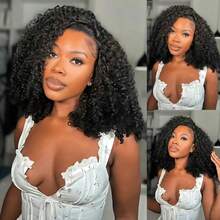 28 Inch Jerry Curly Half Wig Human Hair 200 Density 3 In 1 Seamless Flip Over Half Wigs Human Hair Glueless Wear And Go Beginner Friendly Kinky Curly Wig Human Hair Drawstring Headband Wig For Women - Natural Black - Xem 4