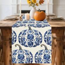 1pc,Table Runner, Thanksgiving Blue And White Porcelain Pumpkin Pattern Printed Linen Table Flag, Home Decor, Suitable For Dining Tables, Universal Seasonal Decoration, Modern Style Washable Table Flag, Heat-Resistant, Stain Resistant, Room Decoration, Table Mat, Kitchen Table Mat, Party Decoration, Home Decoration, Ideal Thanksgiving Gift