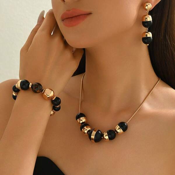 3pcs Exaggerated Colorblock Beaded Luxury Retro Necklace, Bracelet, Earrings Set, Suitable For Beach, Party, Gift, Daily Wear