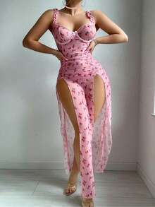 SOFUSEN 三件套女士性感睡衣套装，碎花睡裙+T恤+明星同款领口性感内衣 - 粉色 - 查看 3