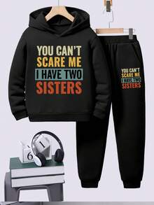 Tween Boy Cartoon Print Warm Hoodie And Sweatpants Set