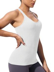 Workout Tank Tops For Women With Built In Bra, Seamless V Neck Tops Fitness Workout Yoga Shirts - trắng - Xem 6