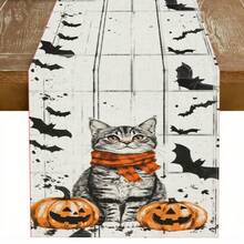 1 bucată de steag de masă cu model de dovleac de Halloween, fabricat din fibră de poliester tricotată de 72 inch, folosit pentru mese de sărbători, decorațiuni de bucătărie acasă, petreceri și cadouri