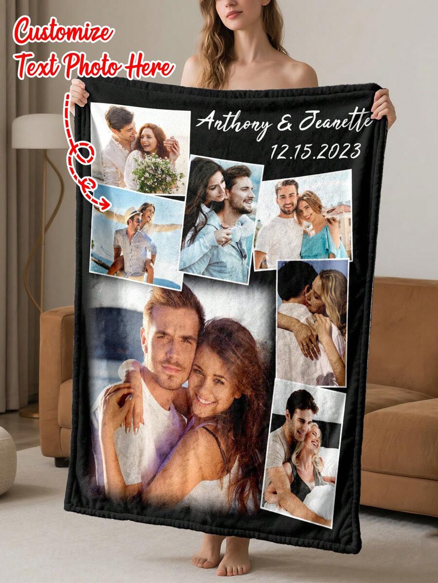 1pc Customized Photo Blanket, Personalized Flannel Blanket, Can Print Photos And Text, Mother's Day/Father's Day Gift, Home Bedding, Customized Photo Blanket, Family Personalized Photo Blanket, Suitable For Mother's Day, Birthday, Valentine's Day, Graduation, Father's Day, Wedding, Housewarming, Can Be Placed On Sofa, Bed, Car, Tea Room, Bedroom, Bathroom, Living Room, Dining Room, Etc. - Multicolor - View 1