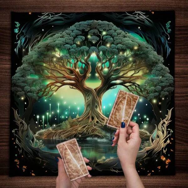 1pc Mystical Sun And Moon Tarot Reading Mat Elegant Sun And Moon Mandala Altar Cloth Tree Of Life Design Starry Sky Table Cloth Witchcraft Astrology Black Oracle Mat Tarot Tablecloth Boho Playmat Cloth Home Decor