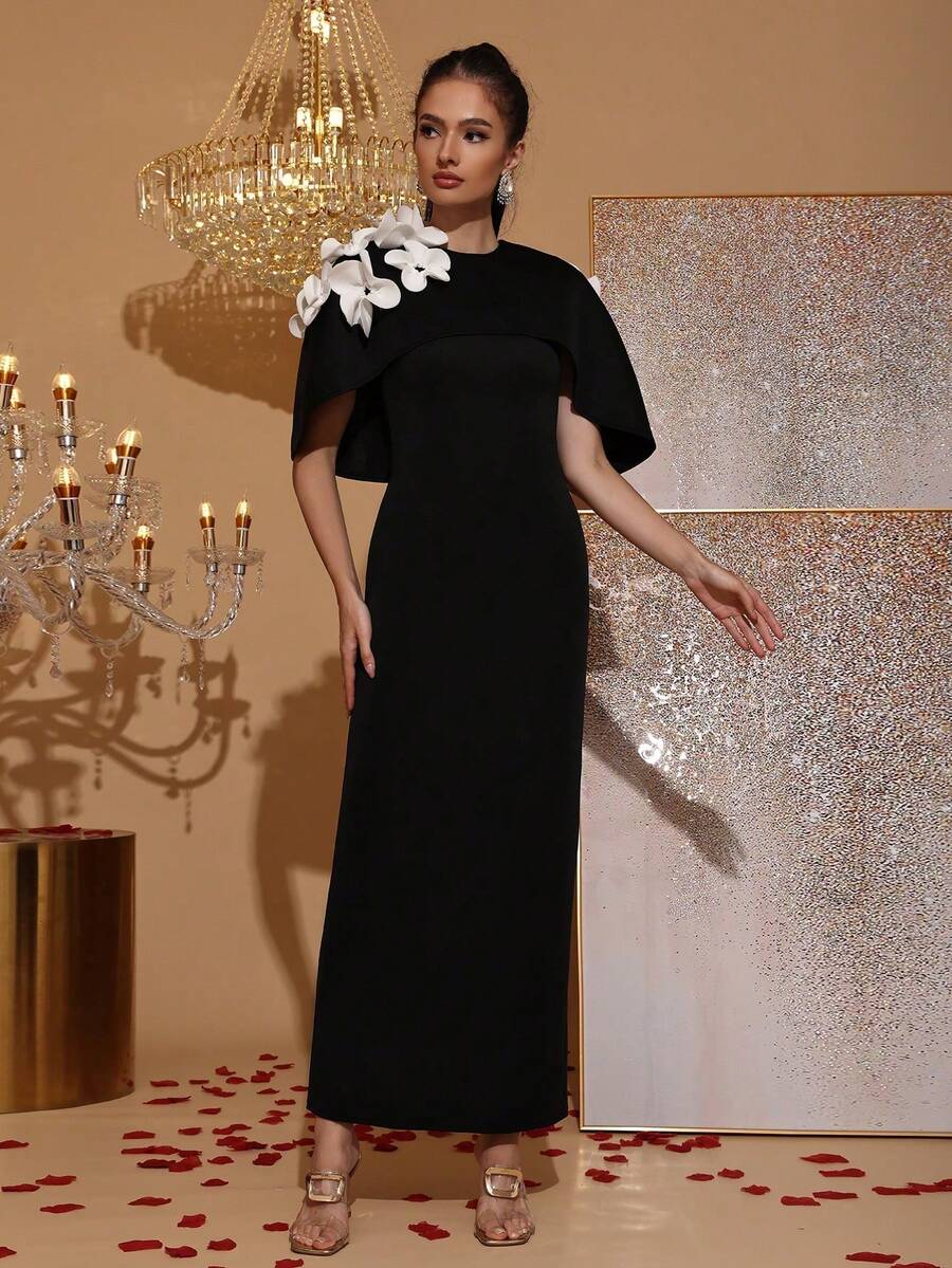 Nouvelle robe cape élégante à manches longues avec décor floral 3D en contraste noir et blanc. Robe de soirée gracieuse pour invités de mariage, demoiselles d'honneur, soirées et occasions formelles - Noir - Voir 1