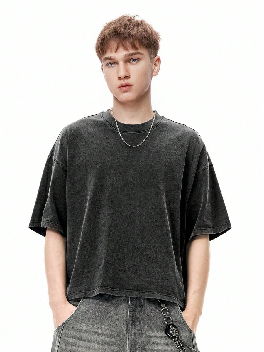 INFLATION Áo thun Dune Boxy, Áo thun giặt 270G, Thương hiệu Retro, Phong cách Âu Mỹ, Tay ngắn cho nam - màu đen - Xem 1