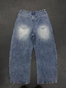 男士水洗阔腿牛仔裤，高品质复古水洗蓝，宽松版型，纯棉面料，街头风，舒适直筒，休闲青春风 - 藍色 - 查看 2