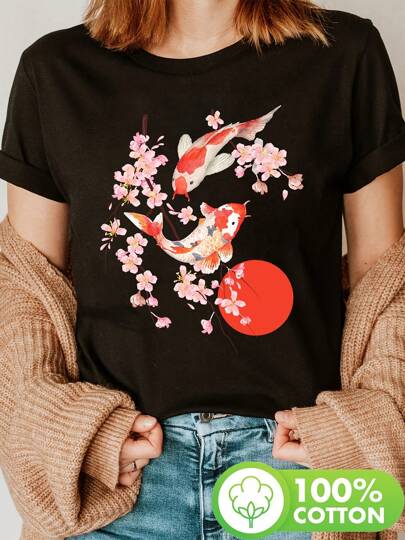 Camiseta gráfica de mujer con diseño de cerezo en flor y peces koi - Manga corta, cuello redondo, diseño de sol rojo, ligera y transpirable para primavera y verano, camisetas de mujer