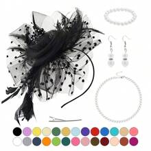 D EXCEED 1/4 件迷人帽子，带花朵网眼丝带羽毛，头带和夹子，适合女士茶会头饰，适合鸡尾酒教堂婚礼派对肯塔基赛马会