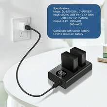 EDEKOY LP-E10 USB双口充电器，兼容佳能EOS Rebel T3、T5、T6、T7、T100、Kiss X50、X70、X80、X90、1100D、1200D、1300D、1500D、2000D、3000D、4000D相机，可替代LC-E10充电器 - 黑色USB-TypeC - 查看 8