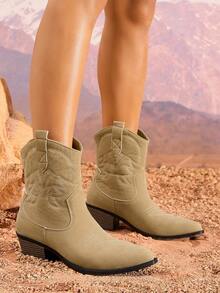 Botas occidentales clásicas para mujer, botas de media pantorrilla de moda bordadas, botas de montar cómodas y elegantes con tacón grueso y punta puntiaguda, botas color albaricoque - Albaricoque - Ver 3