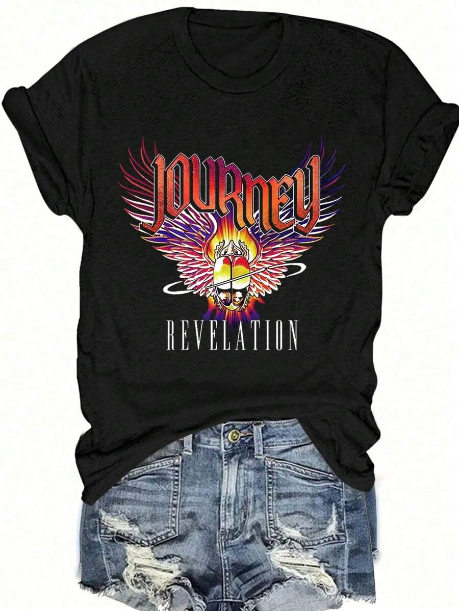 Angel Print Fashion Summer Short Sleeve T-Shirt Bad INFLUENCE TRUST NO ONE BELIEVE IN YOURSELF Graphic Tees Women Tops - 黑色 - 查看 1