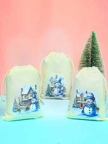 6 件圣诞主题束口袋，圣诞礼品袋，蓝色雪城和雪人设计，适合圣诞节装饰，圣诞礼品包装 - 彩色 - 查看 5