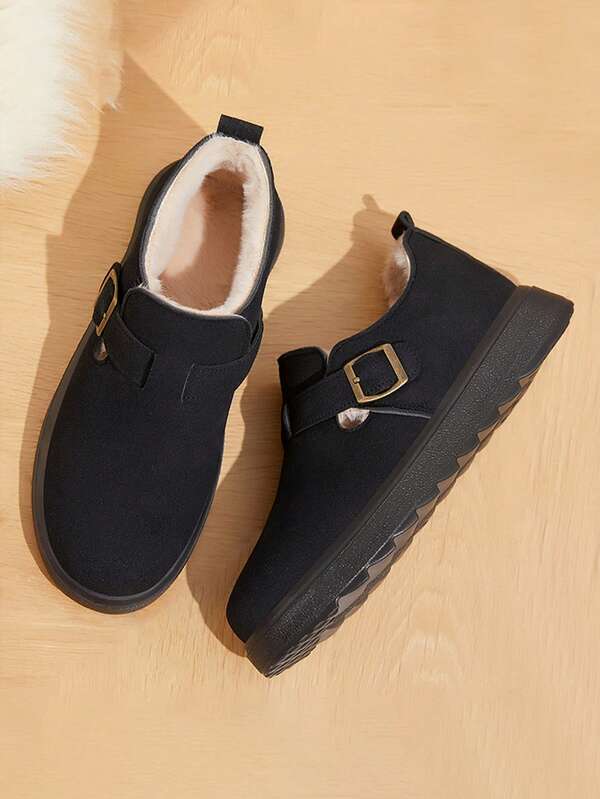 Women's Winter Solid Color Velvet Warm Flat Bottom Anti Slip Buckle Snow Boots