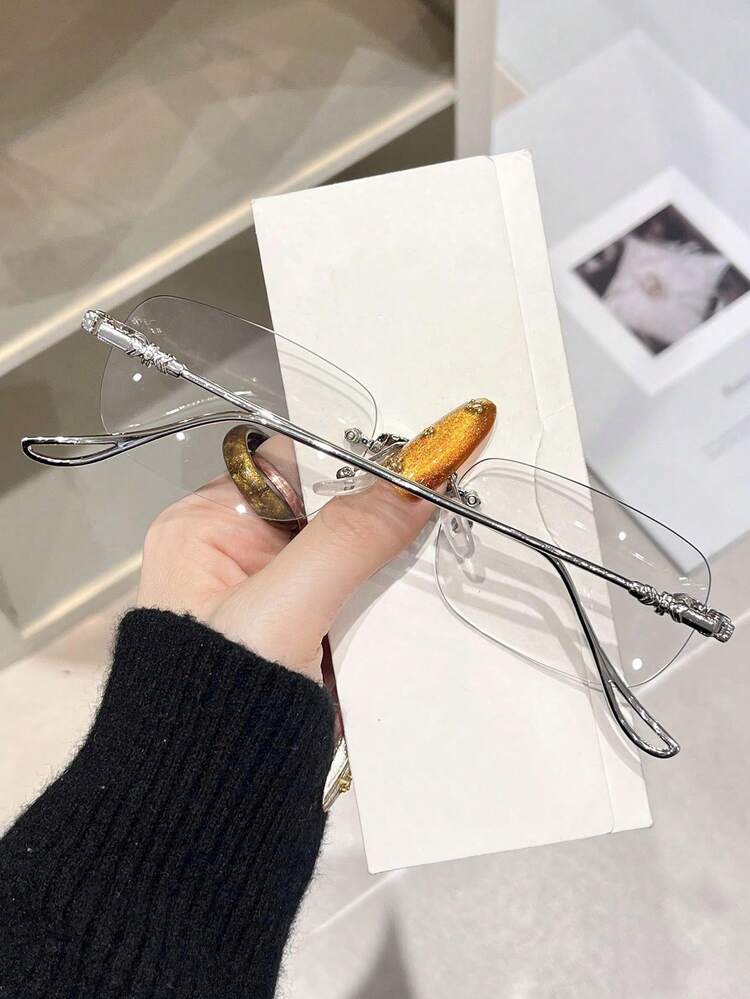 1副铜色几何银色无框眼镜装饰，现代简约风格，透明镜框，适合女性日常办公、约会、度假、返校、周末等场合，时尚配饰 - 無色 - 查看 3