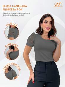 Swisz Women's Short Sleeve Tulle Polka Dot Puffed Blouse - 灰色 - 查看 3