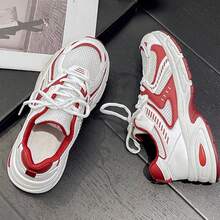 Large Size Sports Casual Shoes, Thick-Soled Sneakers, Leather And Mesh Splicing, Breathable, Versatile, Fashionable Couple Shoes, Outdoor Sports Running Shoes, Suitable For All Seasons - 白紅色 - 查看 2