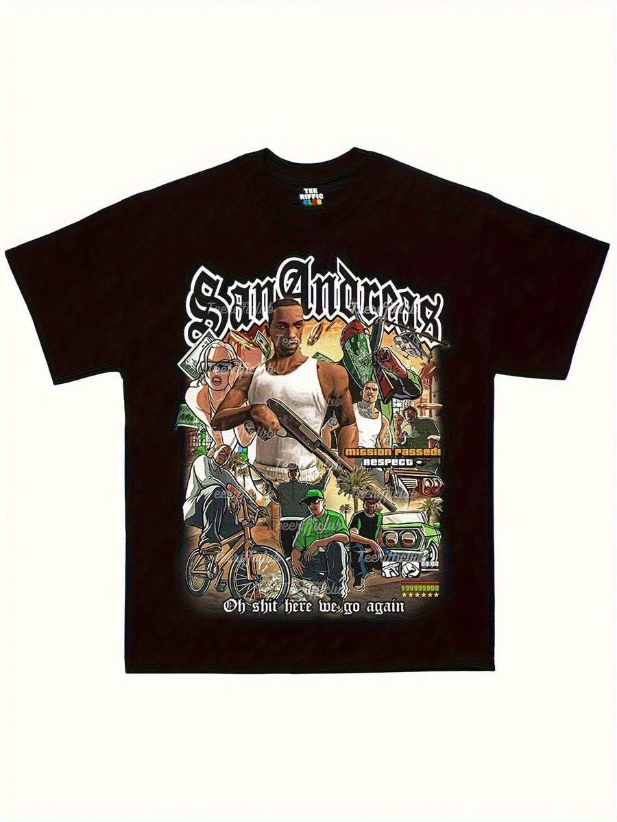 Camiseta vintage de San Andreas GTA para hombres - "Es raro estar de la misma edad que las personas mayores" gráfico divertido, ajuste holgado, algodón de alta elasticidad, patrón geométrico, cuello redondo, perfecta para juegos, playa, fiestas y ropa casual, camiseta casual| Camiseta gráfica retro| Tela de alta elasticidad, camisetas vintage - Negro - Ver 1