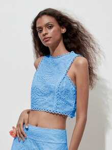 1 pieza Blusa corta sin mangas con bordado floral hueco vintage, patrón floral aleatorio - Azul - Ver 7