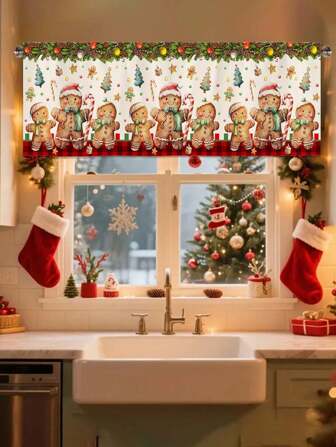 1 pieza Cortina navideña, Cortina con tema navideño, Diseño retro de hombre de jengibre, Feliz Navidad, Bandera de poliéster, 45x140cm, Adecuada para la decoración de ventanas del hogar en Navidad, Telón de fondo para fotografía