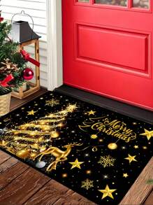 1pc 40x60cm / 50x80cm / 40x120cm Christmas Decorative Doormat, Black & Gold Christmas Tree Pattern With Golden Reindeer, Snowflake & Star Elements, Suitable For Christmas & Winter Home Decor, Entryway, Balcony, Holiday Decoration