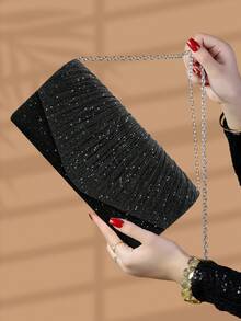 REMANLAND 1个优雅褶皱亮面女士手提包，时尚魅力女士晚宴钱包，信封式手拿包，带隐藏式卡槽和隔层，配有可拆卸金属链的单肩包，适合派对女孩、新娘，节日最佳礼物 - 黑色 - 查看 3