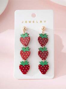 1 Pair Cute Strawberry Design Acrylic Pendant Earrings For Women, Suitable For Spring/Summer Vacation, Party And Daily Wear - Đỏ - Xem 1