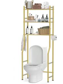 3-Tier Over The Toilet Storage, Space Saver Metal Bathroom Shelves, Freestanding Above Over Toilet Storage Shelf With 4 Hooks For Bathroom, Black - Vàng - Xem 2