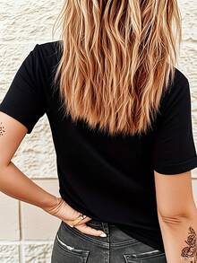 Elegant Women's T-Shirt With Pearl Heart Design  Casual & Formal Wear  Perfect For Dates, Parties, And Everyday Use  Stylish And Comfortable Fit  Ideal Gift For Her - 黑色 - 查看 2