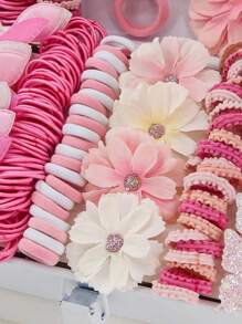 170pcs Pink Tone Faux Flower Hair Clips, Cute Princess Hair Accessories, Elastic Durable Non-Damaging Hair Ties, Hair Scrunchies, Rabbit Ear Hair Hoops, Butterfly Hairpins, Duck Clips, Fashion Versatile Hair Decorations, Suitable For Daily Use, Gift