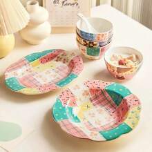 1pc-10-Inch Hand-Drawn Elaborate Grid Ceramic Fish Plate, Creative Breakfast Plate, Snack Plate, Steak Plate, High-Temperature-Resistant Oval Home Plate - 綠色 - 查看 1