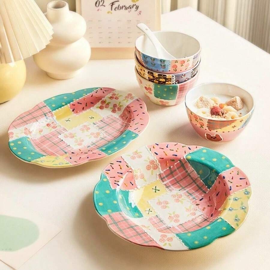 1pc-10-Inch Hand-Drawn Elaborate Grid Ceramic Fish Plate, Creative Breakfast Plate, Snack Plate, Steak Plate, High-Temperature-Resistant Oval Home Plate - 綠色 - 查看 1