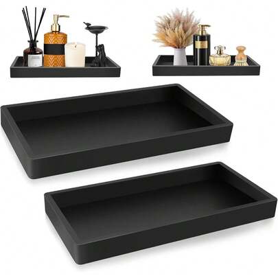 黑色硅胶浴室梳妆台收纳盒，化妆品收纳托盘，可放置化妆品、皂液器、珠宝、香水、蜡烛，是送给女性的礼物，也是圣诞礼物和房间装饰的理想之选。