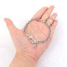 1pc New Classic Gold Letter Heart Shaped Brooch Stainless Steel Chain Bracelet, Women - Silver - View 3