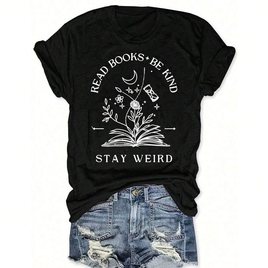 Vibrant Book Print Crew Neck T-Shirt - Women's Short Sleeve Casual Top For Summer & Spring - Relaxed Fit, Soft, Breathable, Lightweight, Perfect For Outdoor Activities