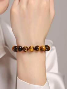 经典天然石珠虎眼石手链 4 号 手工佛手链 男士 瑜伽冥想臂环饰品 - 棕色 - 查看 2