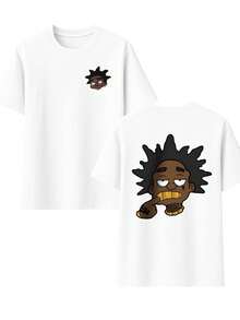 Cartoon Character Graphic Tee , Men's Double-Sided Printed Fashionable Casual Crew Neck 220gsm Pure Cotton T-Shirt(1 PC) - White - View 3