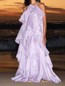 Women Summer Sleeveless Dress 3D Flowers Irregular Ruffles Backless Party Dress For Vacation Cocktail Beach Streetwear - Purple - View 1