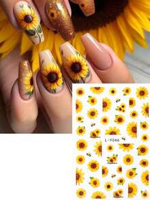 2 件向日葵蜜蜂指甲贴纸昆虫 Y2K 指甲黄棕色指甲盛开的花朵指甲滑块美甲用品配件女士指甲 DIY 装饰 - 彩色 - 查看 6