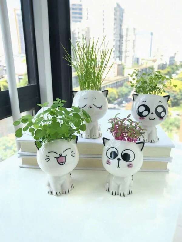 Keramische kattenbloempot - schattige plantenbak in de vorm van een cartoonkat met afwateringsgat, schattige mini-kattenbak voor vetplanten en cactussen, perfecte decoratie voor op het bureau, op kantoor en in huis, uniek cadeau-idee voor kattenliefhebbers en plantenliefhebbers (cadeau voor verjaardag, Kerstmis, bruiloft, jubileum, housewarming of Moederdag)