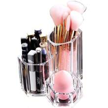 Acrylic Dustproof Makeup Brush Holder, Multi-Functional Divided Organizer For Eyebrow Pencil, Lipstick, Vanity Table Top Storage Rack, Student Dorm Portable Storage Box, Luxury Cosmetic Display Shelf - Clear - View 3