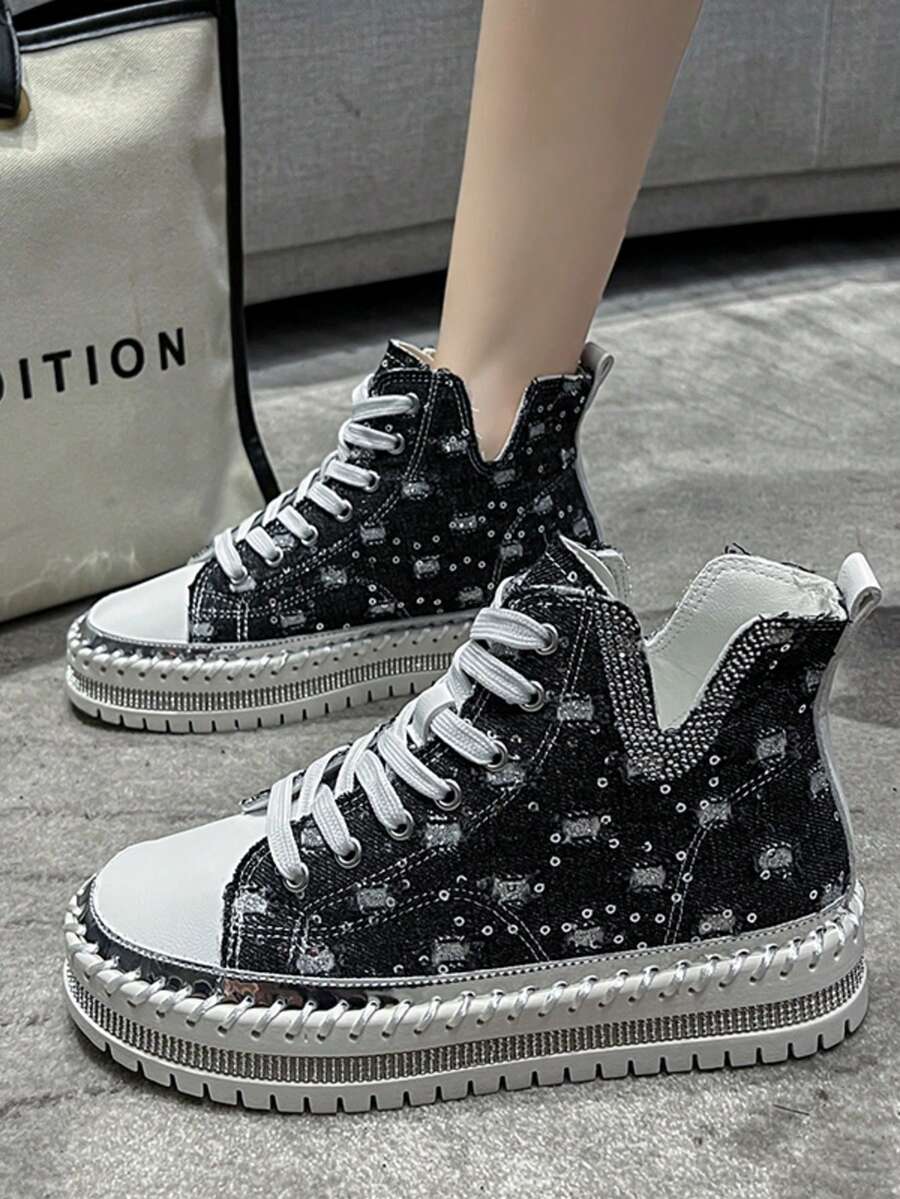 New Autumn/Winter Rhinestone Embellished High-Top Sneakers, Thick Sole Casual Shoes, Suitable For Street Style, Daily Commute, Office And Leisure Wear - màu đen - Xem 1