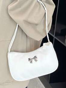 纯色迷你腋下单肩包，PU皮革小包，简约蝴蝶结金属装饰，休闲百搭手提包，大容量拉链法棍包，零钱包，手机袋，适合购物、约会、外出