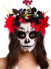 1pc Halloween Realistic Black & Red Skeleton Flower Headband, Dark Gothic Style Day Of The Dead Party Costume Accessory For Women - Multicolor - View 3