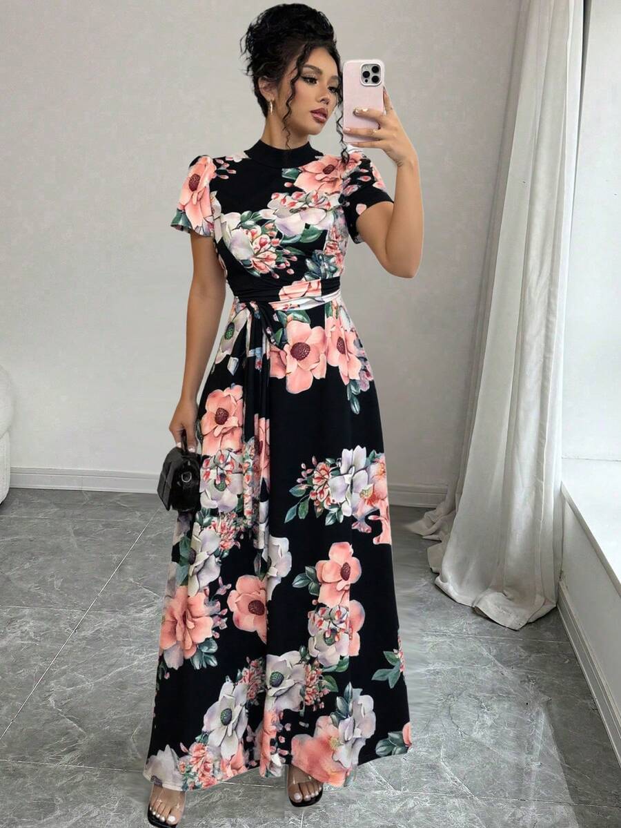 Vestido de cuello alto con estampado floral y cinturón  vestido elegantes para mujer moda. - Negro - Ver 1