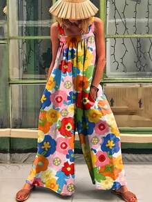 Women's Casual Bright Small Floral Print With Pockets Spring And Summer Adjustable Buckle Shoulder Strap Jumpsuit Overalls - 花色 - 查看 1